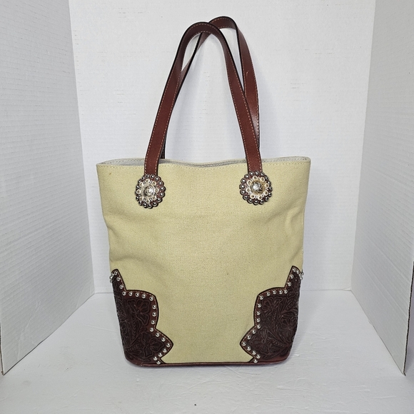 Cream and Brown Western Tote with Leather Accents - Picture 7 of 14